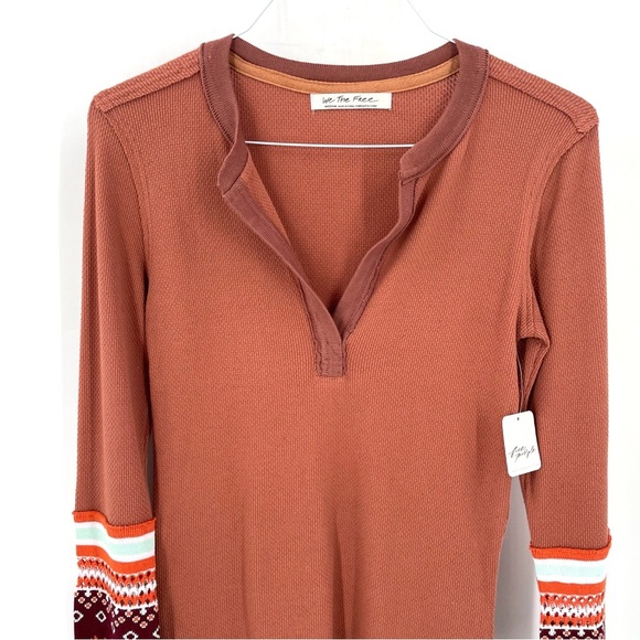 Free People Mikah Notch Neck Boho Long Sleeve Thermal Autumn Orange Printed Cuff - Picture 4 of 9